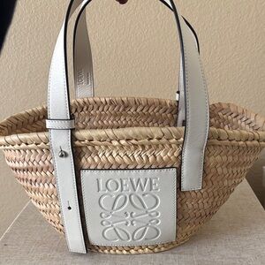 Loewe Natural Woven Basket Tote with White Leather Trim